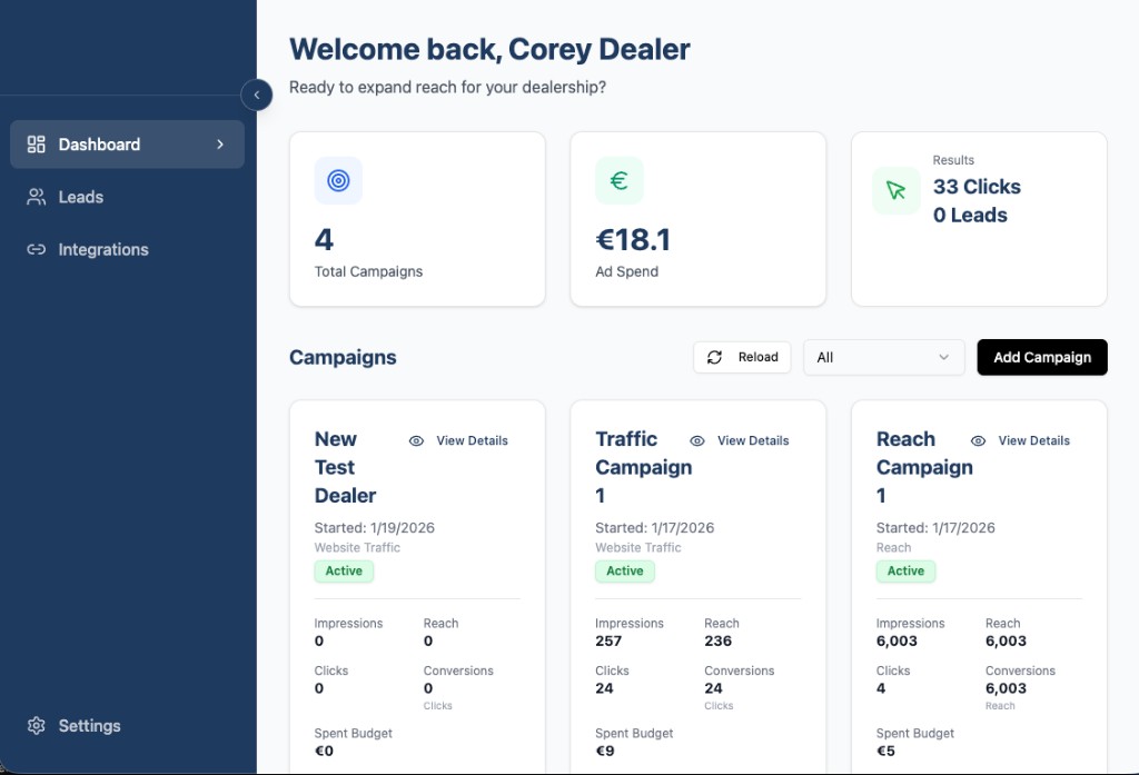 Ad management app — campaigns, spend, and results dashboard